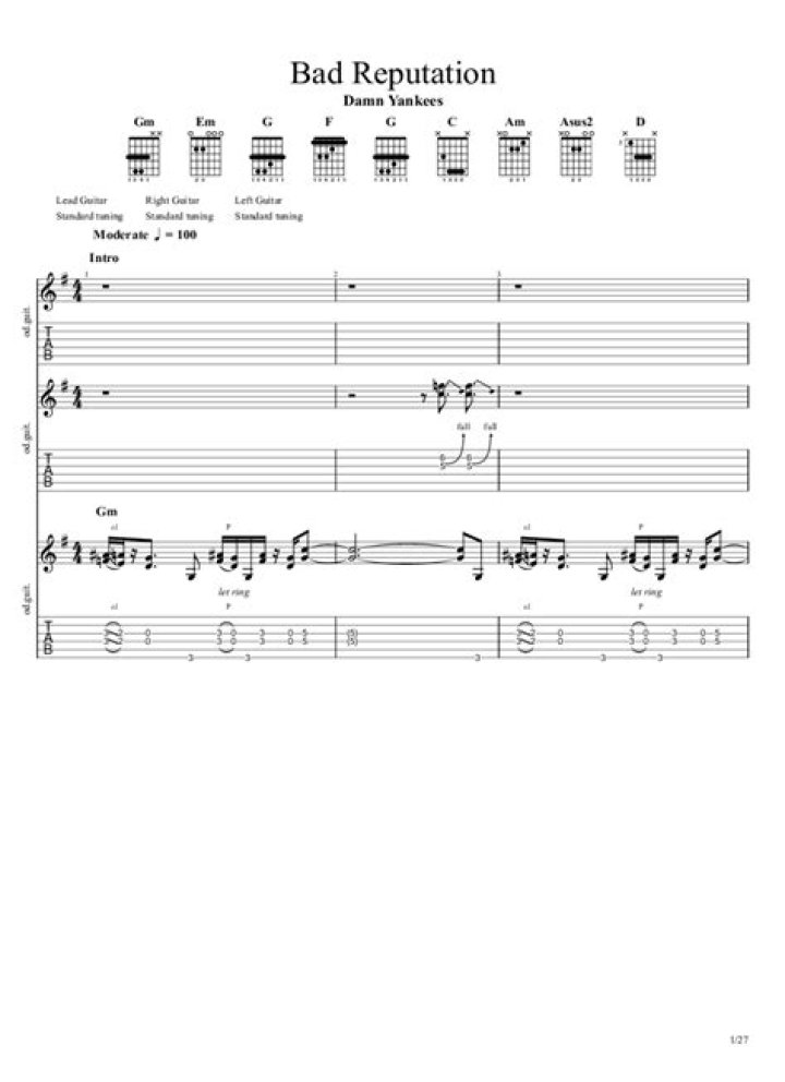 BAD REPUTATION TAB by Damn Yankees