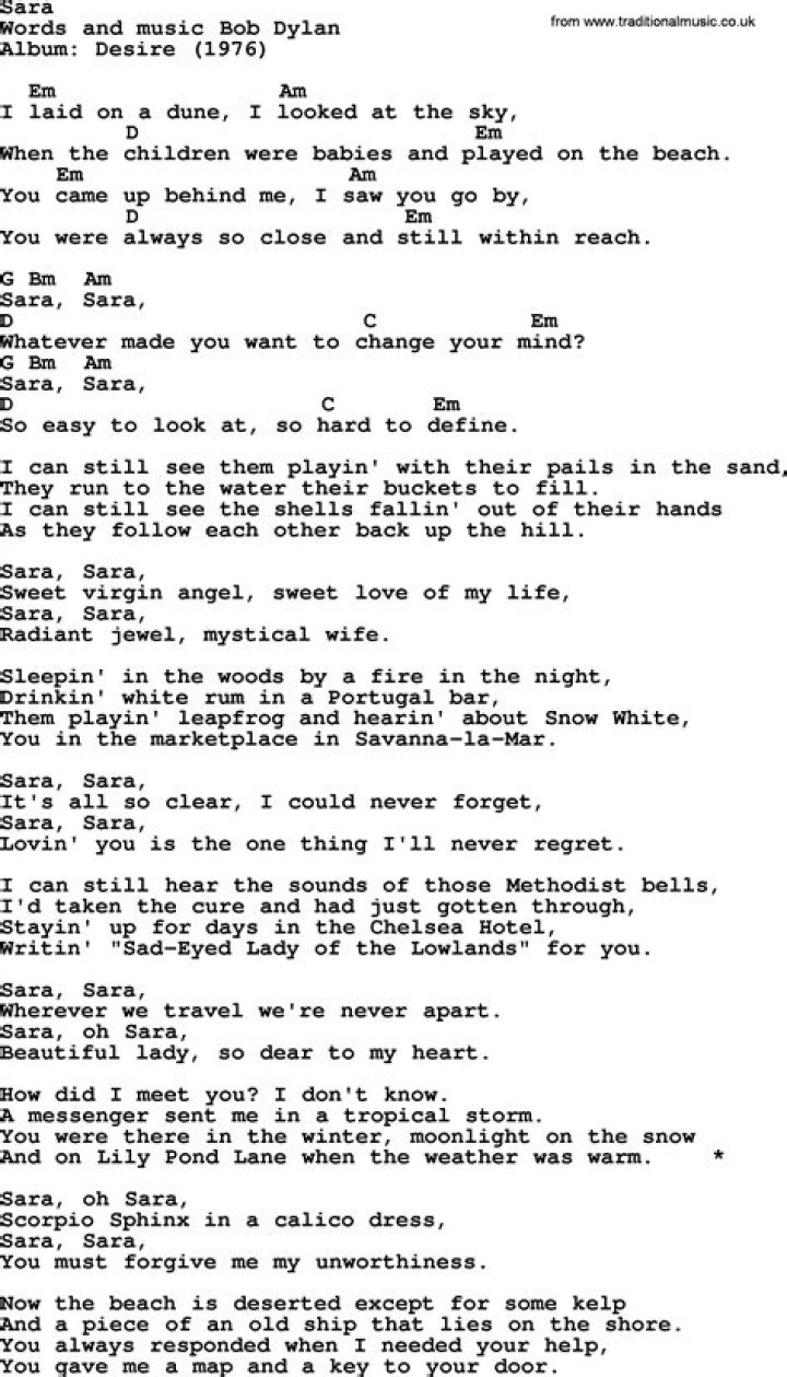Bob Dylan Sara Lyrics English Translation