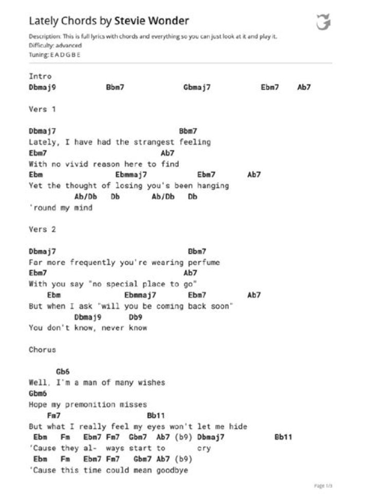 LATELY CHORDS by Stevie Wonder