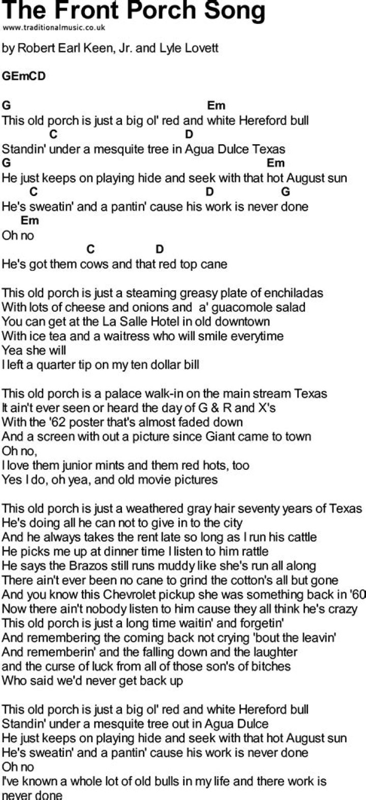 The front porch song swinging country lyrics