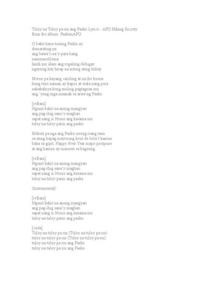 Tuloy na tuloy pa rin ang pasko lyrics